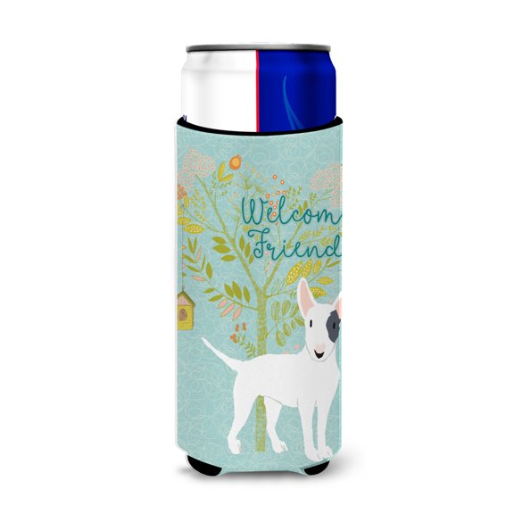 Carolines Treasures BB7607MUK Welcome Friends White Patched Bull Terrier Michelob Ultra Hugger for slim cans  Slim Can