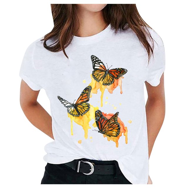 Pompotops Women's Solid Color Pattern Printed Round Neck Short Sleeve Casual T-shirt