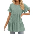 thumbnail image 3 of ZXSXSY Women Crochet Hollow Out Crew Neck Ruffled Short Sleeve Tiered Babydoll Blouse Shirt, 3 of 6