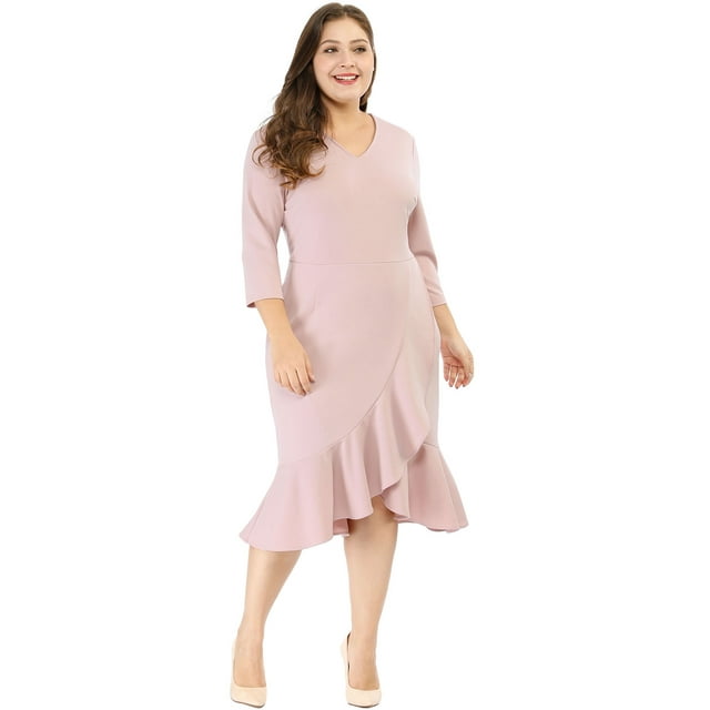 GRACE & GRANDEUR Robe Midi de Cocktail Portefeuille Unie à Col en V pour Femme Grande Taille