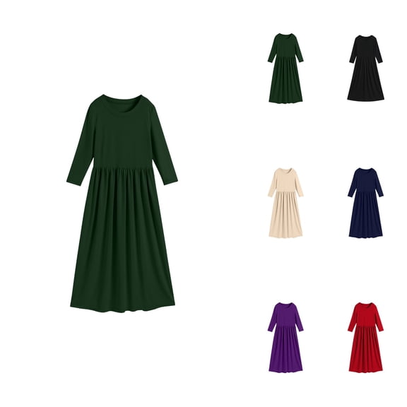 Girls Long Sleeve Maxi Dress Solid Color Scoop Neck Loose Fit Casual Daily Wear with Pockets (4-12 Years)