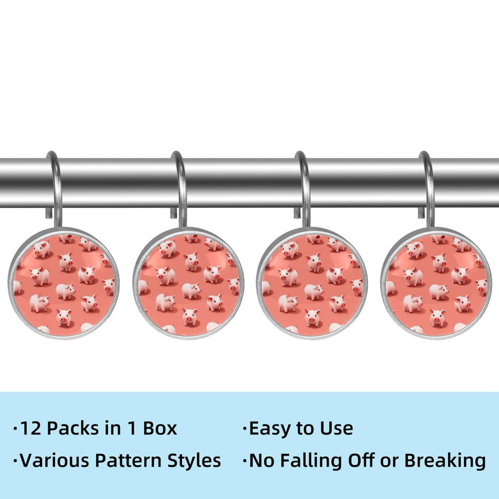12pcs Decorative Shower Curtain Hooks, Rust Resistant Shower Rings for Bathroom Living Room,Rustproof Stainless Steel Rings for Shower Curtain and Liner Rods,Pig Pink Background