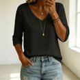 thumbnail image 4 of BODOAO Women's V Neck Sweater 3/4 Sleeve Lightweight Knit Pullover Loose Fit Soft Casual Fall Spring Fashion Top for Women Office Work Everyday Wear Clothing Black L, 4 of 4