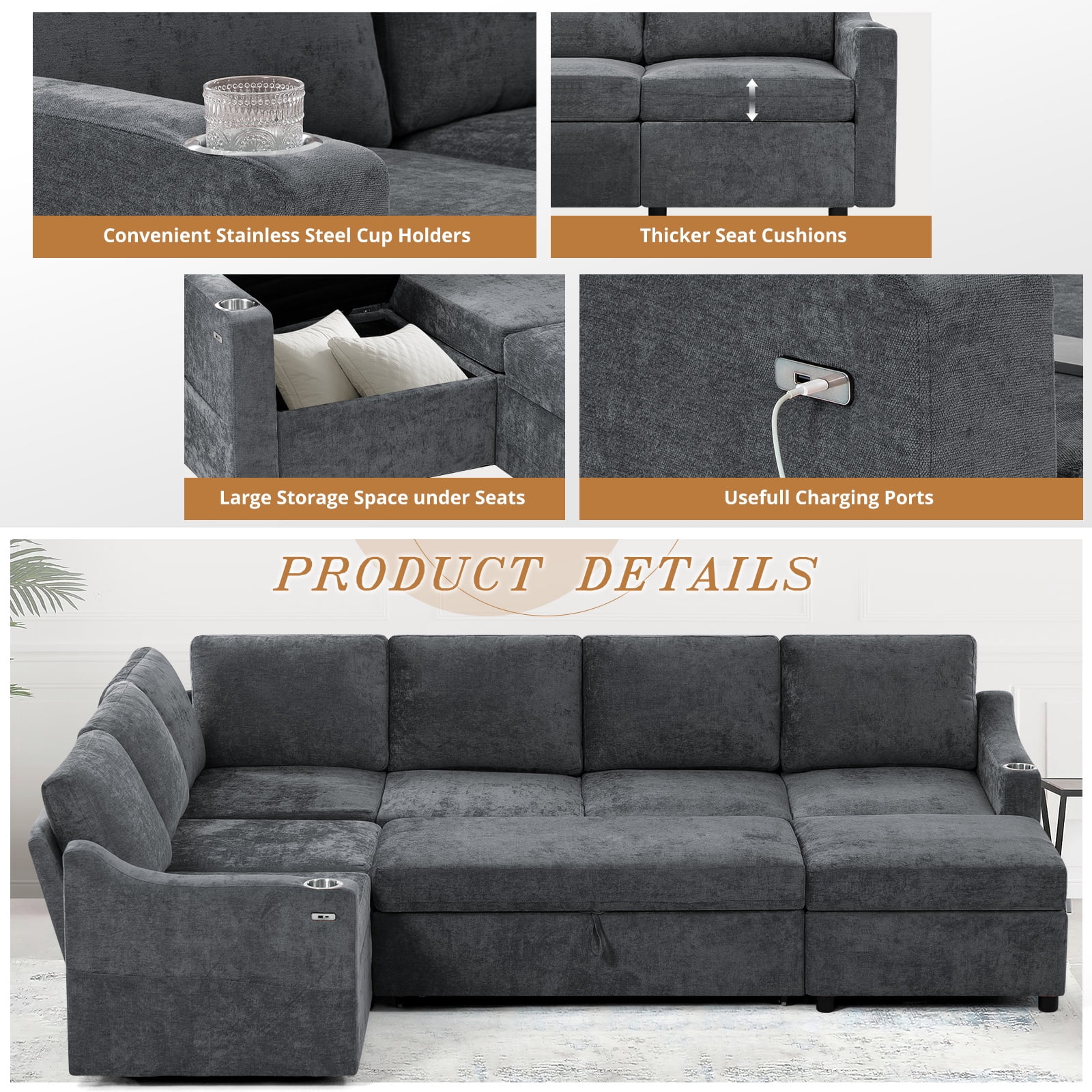 ACMEASE 116 Inches Chenille Sectional Couch w/Adjustable Backrests & Ottoman, Convertible U Shape Sleeper Sofa w/USB Ports, Modular Corner Sofa w/Pull-Out Bed & Storage Space for Living Room, Grey