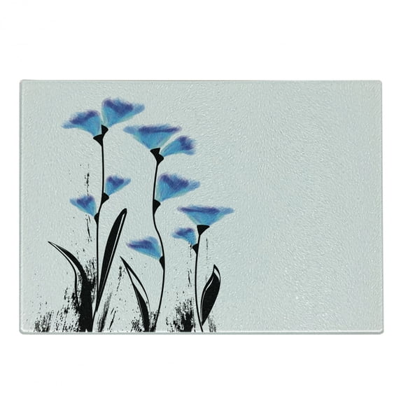 Floral Cutting Board, Vector Flowers Turkish Ottoman Tulips in Ombre Watercolored Image, Decorative Tempered Glass Cutting and Serving Board, Small Size, Charcoal Grey Sky Blue, by Ambesonne