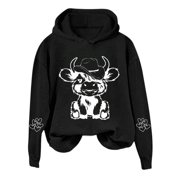 Womens Christmas Hoodies Graphic Xmas Cow Print Long Sleeve Fashion Hooded Sweatshirts Trendy Casual Pullover