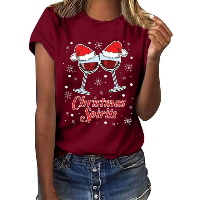 Gibobby Tops navideños para mujer Navidad Copa de de nieve Impresión O Cuello Manga corta Camiseta suelta Blusa Tops(Vino,XG)