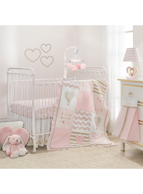 Lambs & Ivy Baby Love 4-Piece Crib Bedding Set - Pink, Gold, White, Love, Hearts