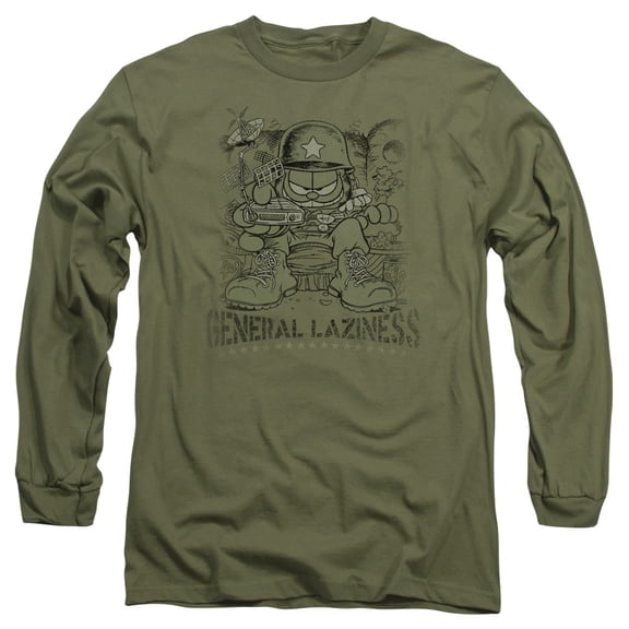 Garfield General Laziness Long Sleeve Adult 18/1 T-Shirt-Military Green