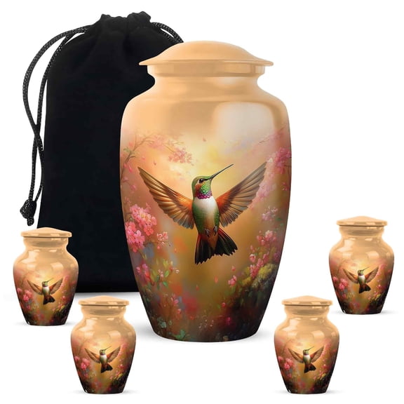 YATHABHISA Humming Bird Cremation Urns for Ashes, Keepsake Memorial Gift for Brother & Sister, Burial Urn Humming Bird for Adult Human Ash, Brown, Combo (10 Inch & 3 Inch Mini Set of 4)