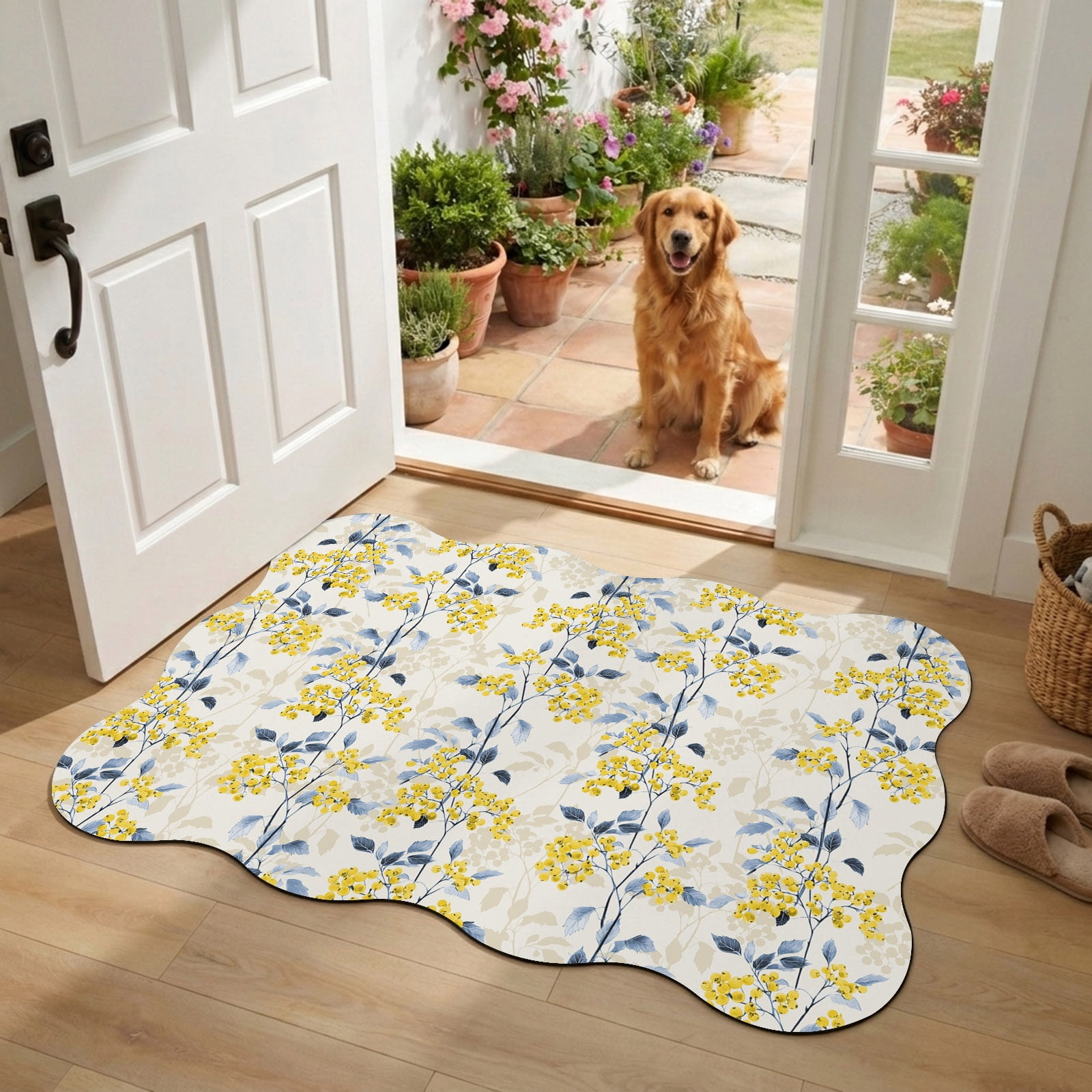 Front Door Mat Outside Entrance 18 x30 Yellow Blue Spring Floral Absorbent & Non-Slip Scalloped Doormat Indoor Entrance Low-Profile Welcome Mat for Entryway Patio Summer Botanical Farmhouse