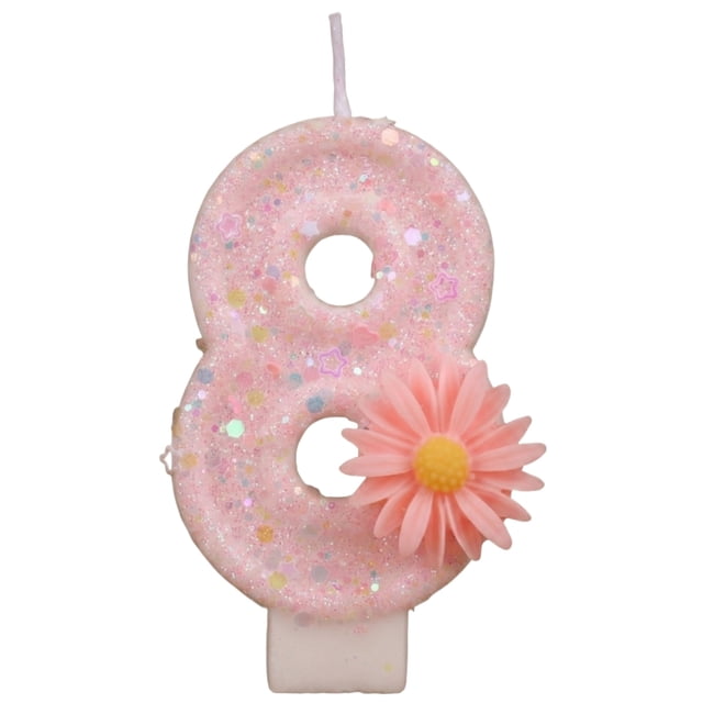 Floral Cake Topper, Spring Birthday Decor, Pink Daisy Flower Number 8 Candle With Tray - Fairy First Birthday Decorations, Glitter Cake Topper for Princess & Garden Parties, Flower H Number 8