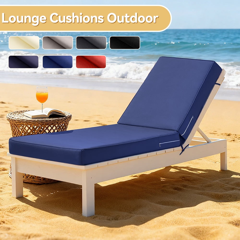 ROFIELTY 72 x 21 inch Outdoor Chaise Lounge Cushion, 3" Thick Waterproof Pad with Ties & Zipper, Blue
