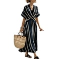 thumbnail image 2 of Ailaofu Robe Maxi à Rayures pour Femmes, Col en V, Manches Courtes, Taille Portefeuille, Évasée, Longueur Cheville, 2 of 7
