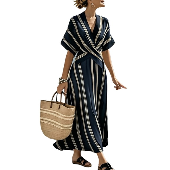 asdoklhq Midi Dresses for Women Plus Size Dresses Women V-Neck Short-Sleeve Wrap Waist Flared Striped Maxi Ankle Dress Navy S
