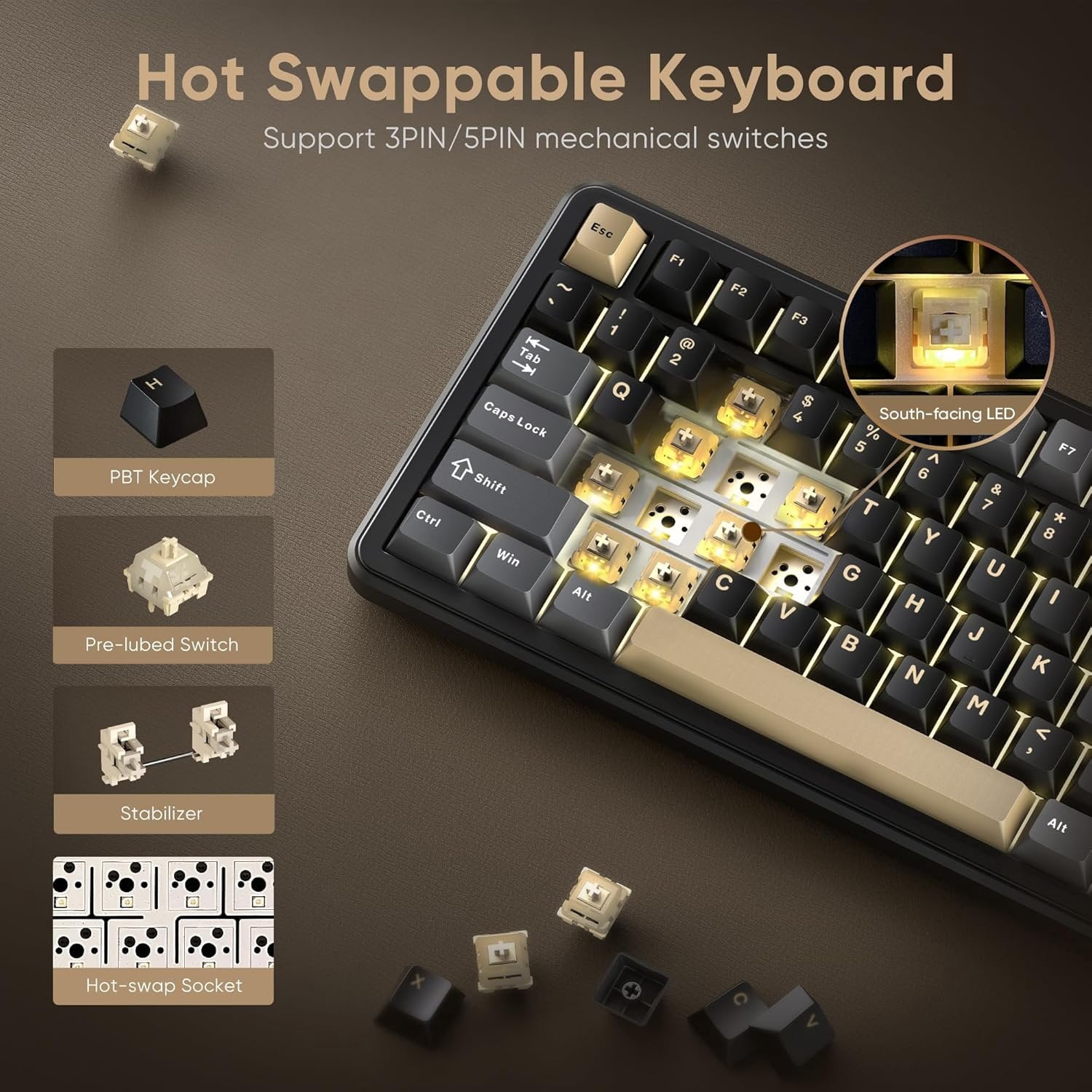 K75 Mechanical Keyboard, CNC Knob, Tri-Mode BT5.0/2.4GHz/USB-C Hot Swappable Custom, Pre-lubed Linear Coconut Switches, Gasket Structure, RGB Gaming Keyboard, Black-