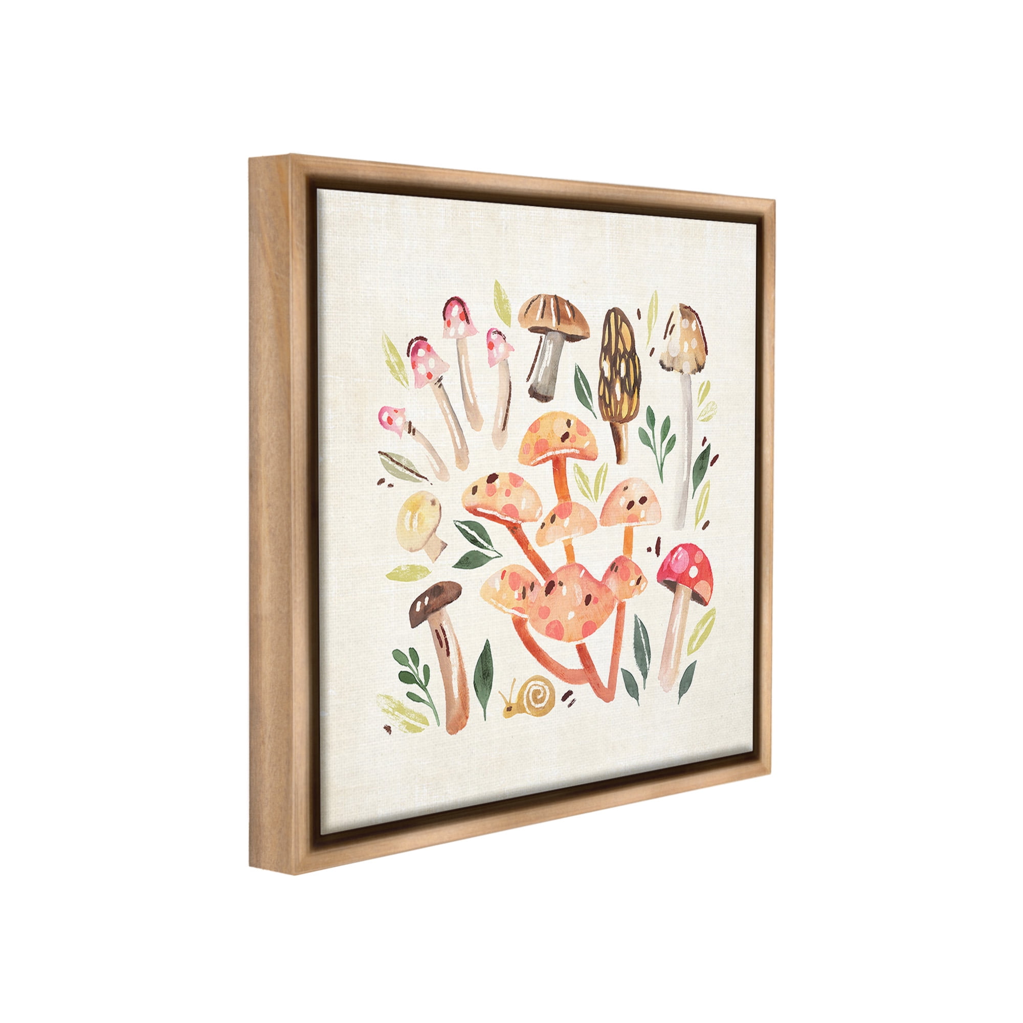 Stupell Industries Whimsical Mushrooms & Snail Botanical & Floral Painting Brown Floater Framed Canvas Art Print Wall Art, 18 x 18