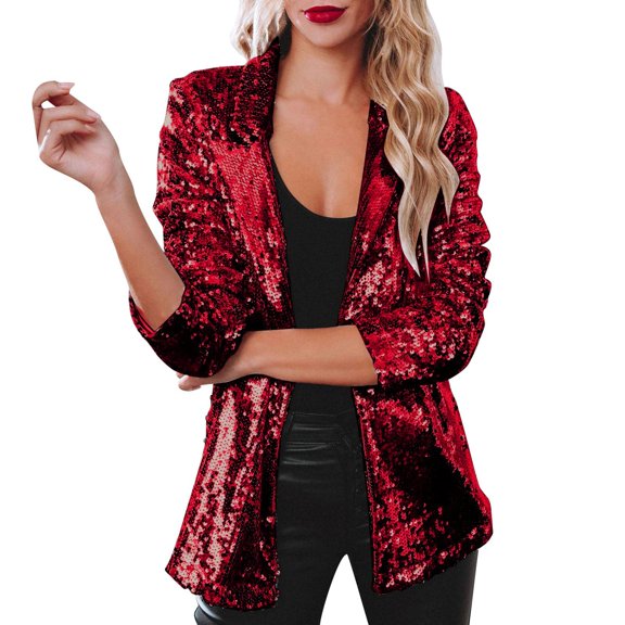 kamemir Women Sequins Blazer Sequin Jacket Casual Long Sleeve Glitter Party Shiny Lapel Coat Rave Outerwear Women Trench Coats Long(Red,3XL)