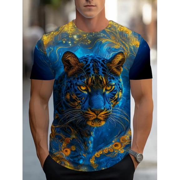 Men's Blue Leopard Print 3D Digital Printed T-Shirt - Turquoise and Gold Animal Print Short Sleeve Crew Neck, Full Cover Design, Casual and Personalized Wear