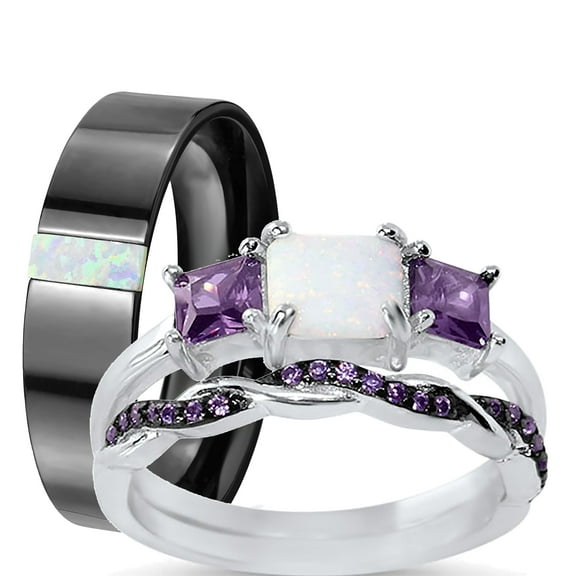 LaRaso & Co His Her Wedding Set 3 PCS TRIO Opal Sterling Silver Black Ceramic Wedding Band Set 10/10
