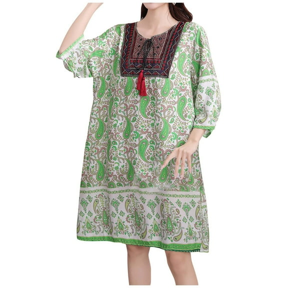 QQAMB Dresses for Women Half Sleeve Ancient Ethnic Style Casual Printed Loose A-Line Comfy Summer Mini Dresses Green Free Size