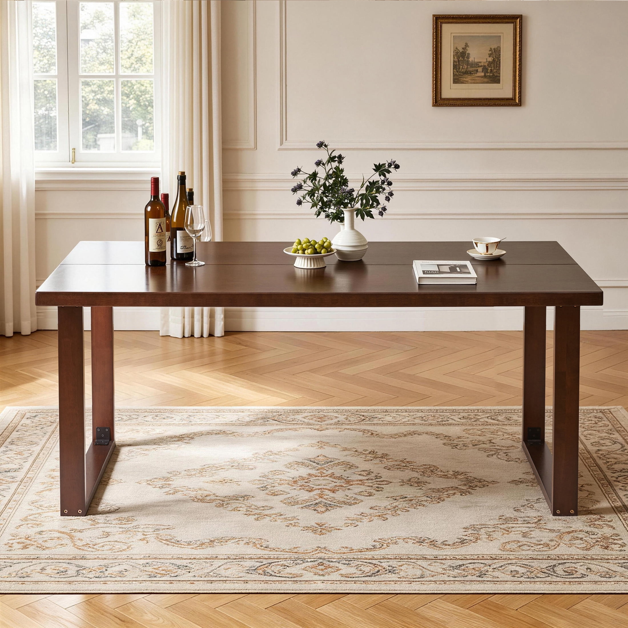 Noble House 70.87" Mid-Century Modern Solid Wood Dining Table, Rectangular Kitchen Table, Dark Walnut