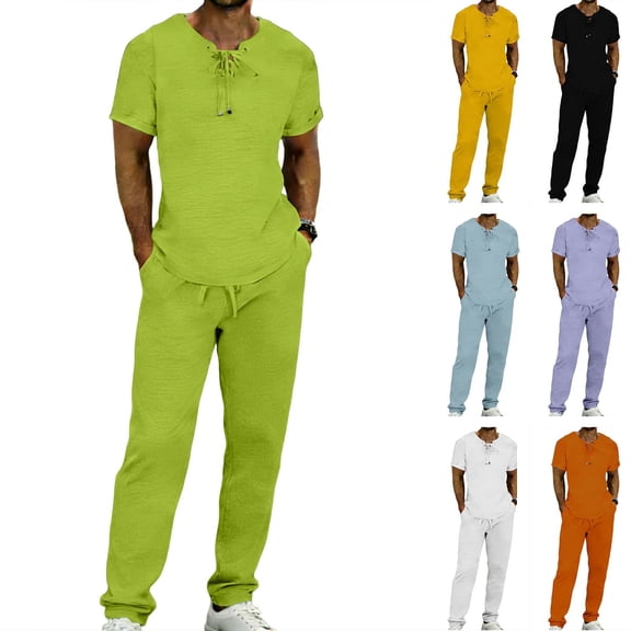 Hilenly Men's 2 Piece Sets Short Sleeve Linen Shirt and Pants Set Summer Beach Vacation Outfits Casual Tracksuits Sports Suits