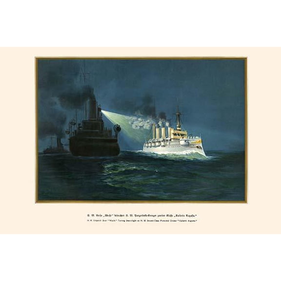 H.M. Dispatch Boat "Wacht" Turning Searchlight on H.M. 2nd Class Protected Cruiser "Kaiserin Augusta"-Fine Art Canvas Print (20" x 30")