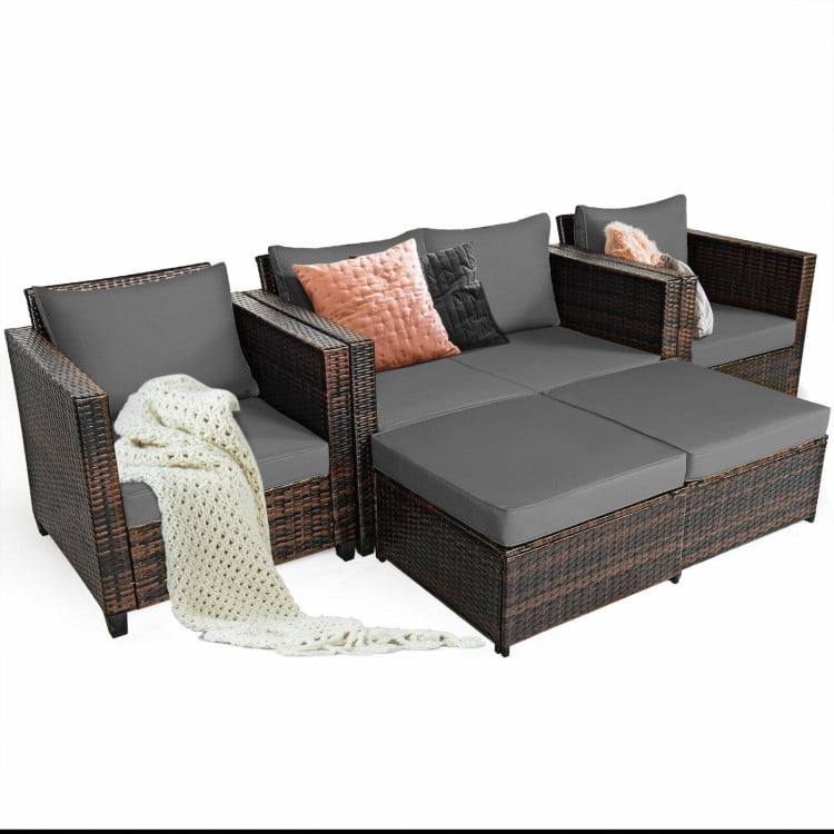 Aimee Lii 5 Pieces Patio Cushioned Rattan Furniture Set, Rattan Outdoor Furniture, Gray Aimee Lii 5 Pieces Patio Cushioned Rattan Furniture Set, Rattan Outdoor Furniture, Gray