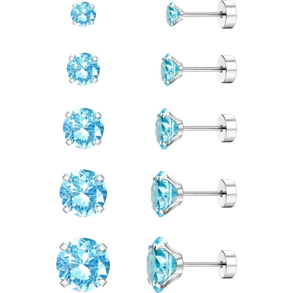 Screw Back Stud Earrings Set 20G Titanium Steel Cartilage Piercing Jewelry for Women Men Sensitive Ears CZ Tragus Helix Flat Back Earrings Stud Sky Blue