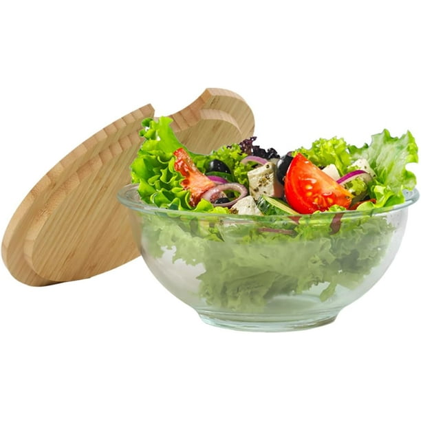 Ensaladera de vidrio Grande Gaon tazón Recipiente para Ensalada y Alimentos con tapa de madera