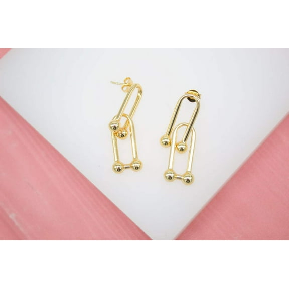 18K Gold Filled Double Long Drop Oval U Hoops Hoops Link Earrings (K123A)