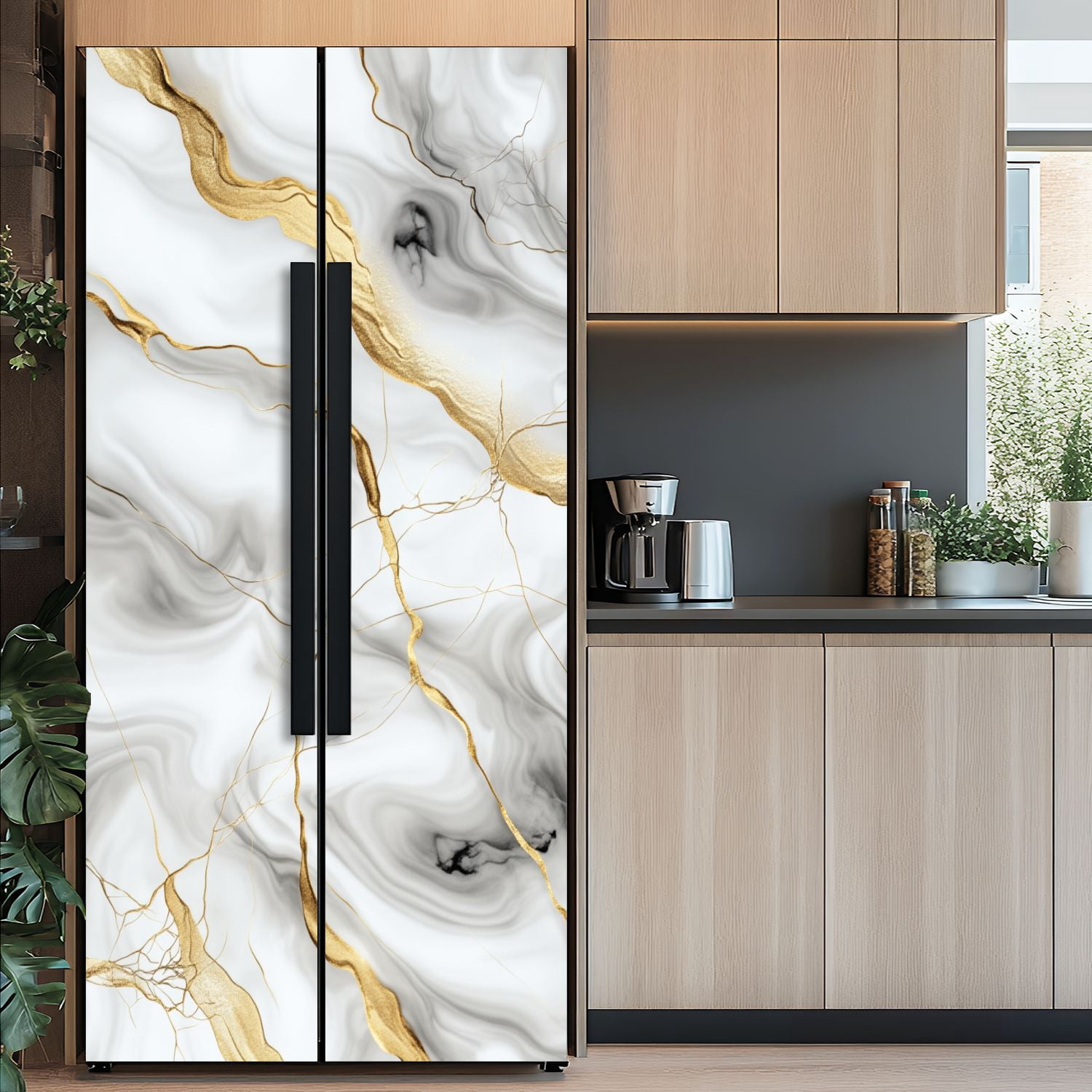 Self Adhesive Vinyl Refrigerator Wrap Set Elegant Black White Marble Gold Veins Abstract Design Door Mural Removable Fridge Sticker Peel and Stick&nbsp;Full Door Cover Decal Kitchen Bar Decor