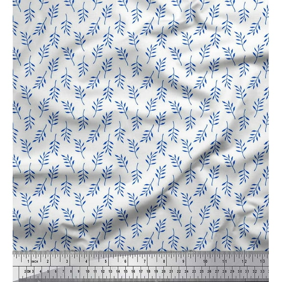 Soimoi Blue Cotton Duck Fabric Pecan Leaves Printed Fabric 1 Yard 42 Inch Wide