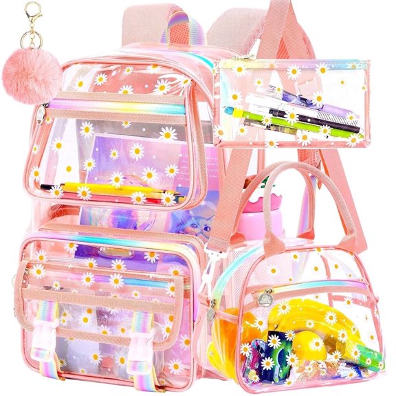Clear Backpack Heavy Duty, 3PCS Girls See Through School Bag Set, Cute Transparent Bookbag for Women - Chrysanthemum Pink
