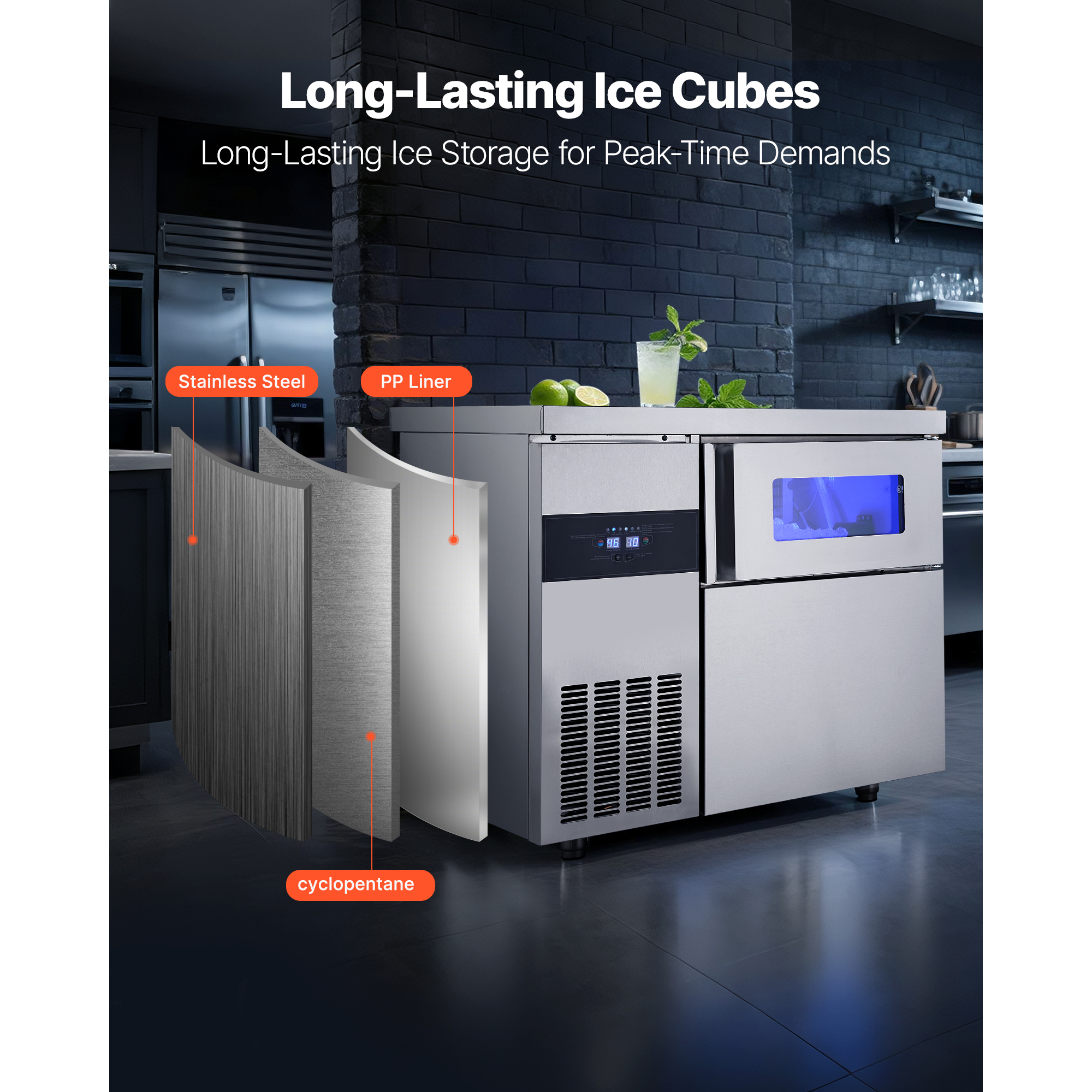 KFFKFF Commercial Ice Maker Machine, 220 lbs/24H Stainless Steel Ice Machine with Countertop, 66 lbs Storage & 108 Cubes per Cycle, Self-Cleaning Freestanding Ice Maker for Home, Bar, Office