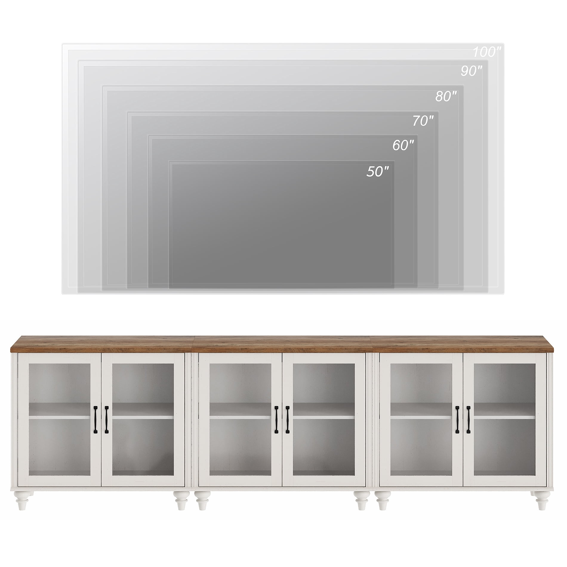 TV Stand for 100 Inch TV, Wooden Entertainment Center with 6 Glass Doors & Ample Storage, Off White Media Console for Living Room, Dining Room & Bedroom