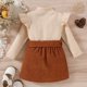 thumbnail image 4 of Gibobby mini faldas de mujer Camiseta de cuello de punto acanalado de manga larga con volantes para niñas pequeñas, Tops, conjuntos de falda con pajarita sólida(Blanco， 1-2 Años), 4 of 5