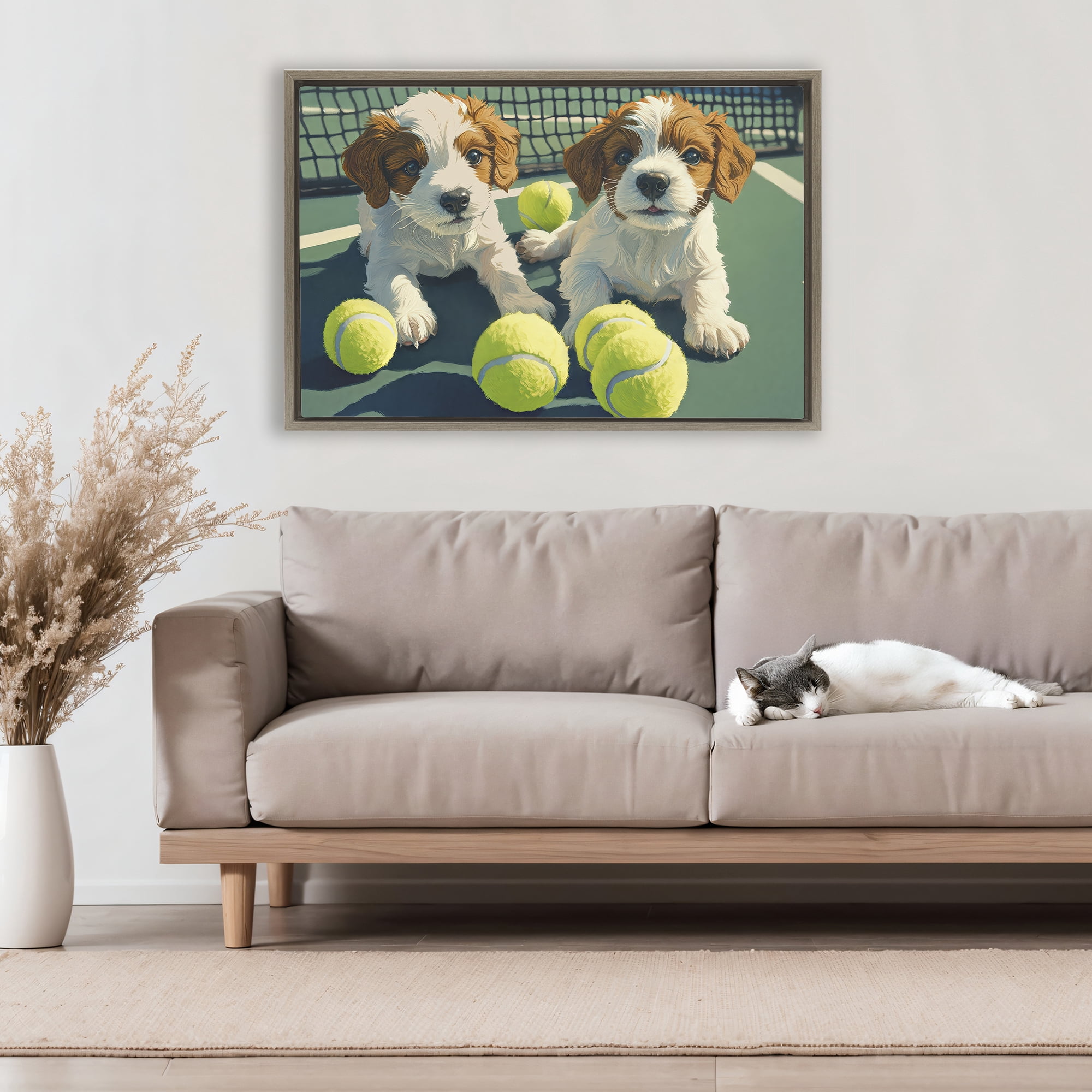 Stupell Industries Playful Puppies with Tennis Balls Brown Framed Floater Canvas Wall Art, design by Imagine It Images