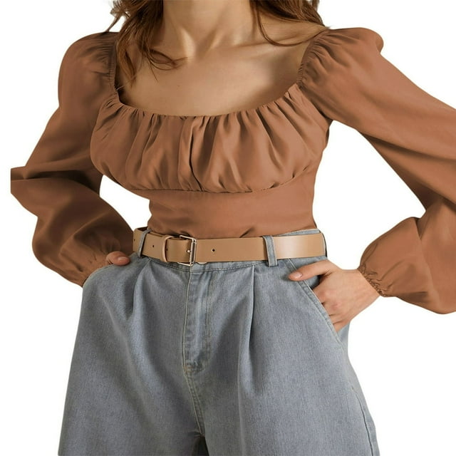Women‘s Puff Sleeve Ruched Crop Top Square Neck Lantern Long Sleeve Slim Shirt Crop Top
