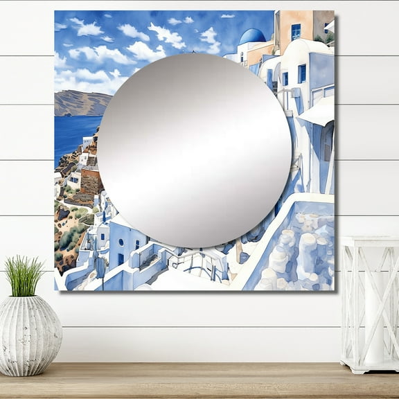 Designart "Odyssey in Santorini I" Greece Square Mirror Wall Decor Country - Large White Square Bathroom Mirror - Square Printed Wall Mirror Art