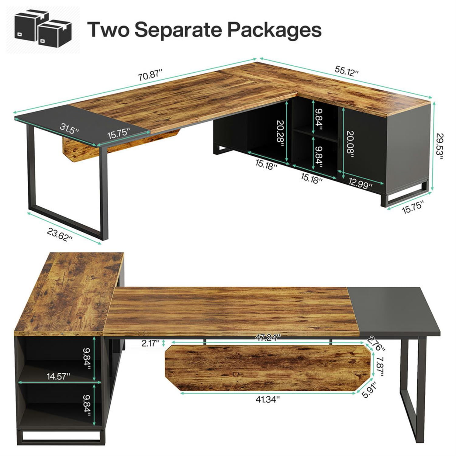 Demi Bonn Modern L Shaped Gaming Desk, 63" Executive Desk with 55" Lateral File Cabinet for Home Office, Brown