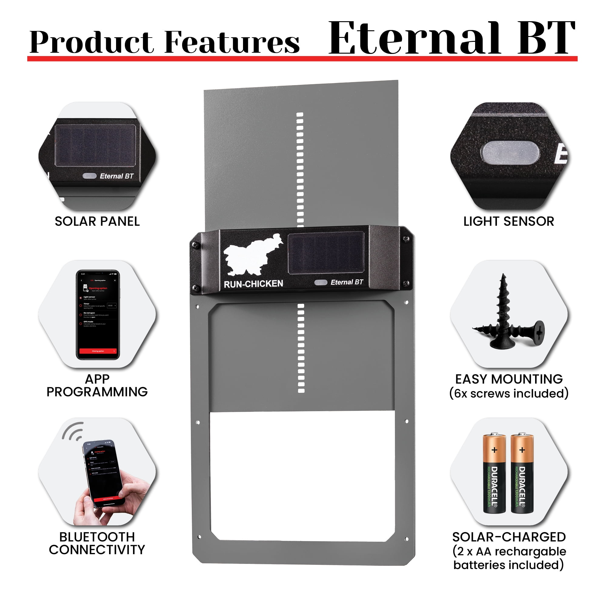 Eternal BT RUN-CHICKEN Door – Solar-Powered Automatic Coop Door with Bluetooth Control (Gray)