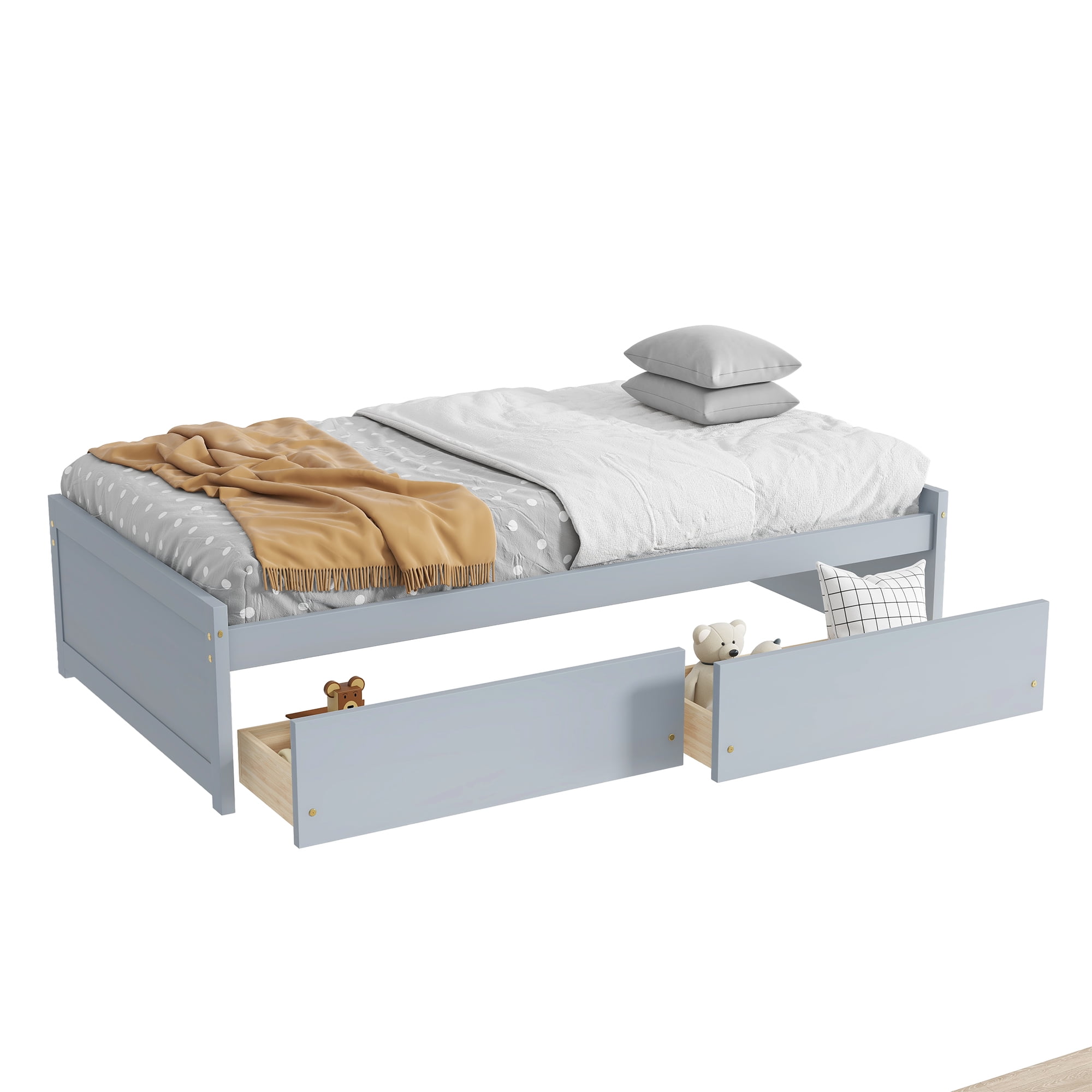 Sailvan Twin Size Bed with 2 Drawers, Solid Rubber Wood Bed