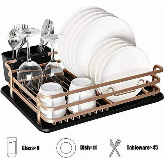 Aluminum Dish Drying Rack with Cutlery Holder, Light Gold Removable Drainer Tray