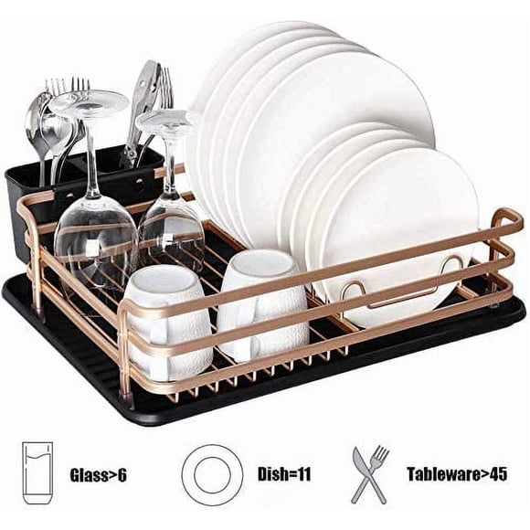 Escurridor de Platos de Aluminio con Soporte para Cubiertos, Bandeja Escurridora Extraíble en Oro Claro
