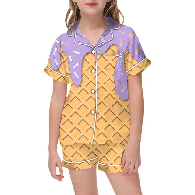 GDREDA Ensemble de Pyjama 2 Pcs pour Filles, Imprimé Graphique, Manches Courtes, Chemise à Boutons, Short, Ensemble de Pyjama Crème Glacée, Violet, 6-7 Ans