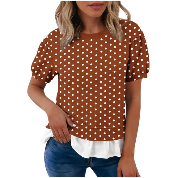Karymi Summer Tops Polka Dot Puff Short Sleeve T-Shirt, Crew Neck Fake Two Piece Ruffle Layered Hem Casual Pullover Tee T Shirts for Women