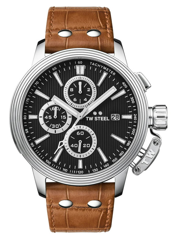TW Steel CEO Adesso Chronograph Stainless Steel Black Dial Brown Leather Strap Date Quartz Mens Watch CE7003