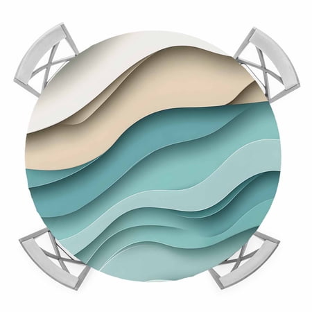 Round Fitted Tablecloth with Elastic Edge Teal Brown Ombre Waterproof Table Cloth Table Cover for 45 -54 Tables Modern Abstract Moire Art Geometric Tablecloths for Dining Picnic Party Outdoor